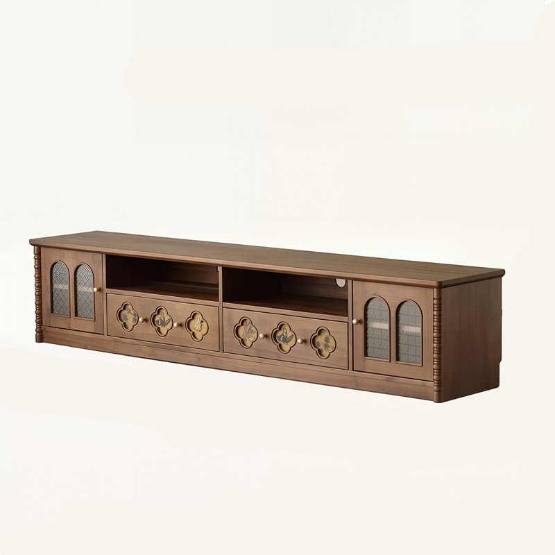 Meuble télé en bois massif de buis sculpté de style rétro (78,74 po) pour une ambiance chaleureuse.