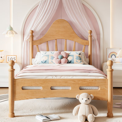 Twin Size Platform Bed with Chic Headboard, Solid Wood BED Frame with Slatted Support, No Box Spring Needed and Low to Ground Design, Natural