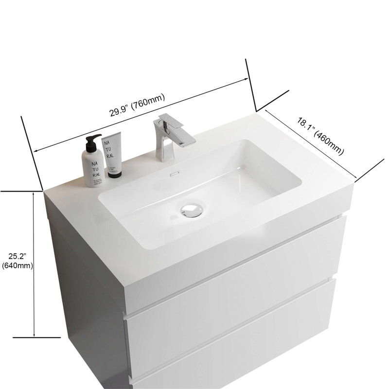 Meuble-lavabo mural flottant avec lavabo et rangement, Blanc, Blanc