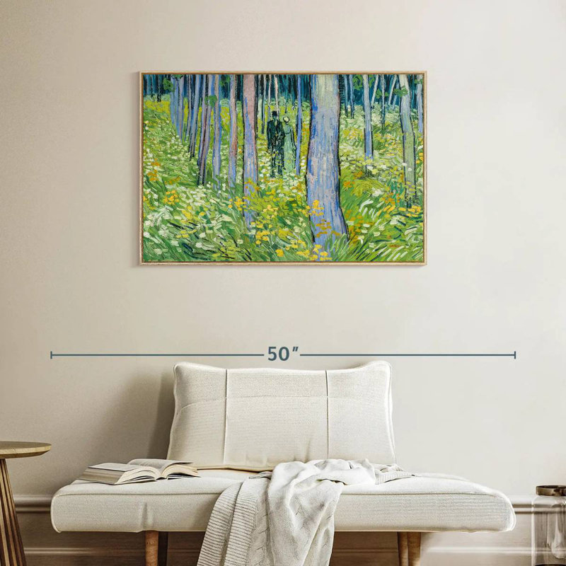 Sous-bois avec deux personnages, Cadre flottant en bois naturel, 37 po x 25 po
