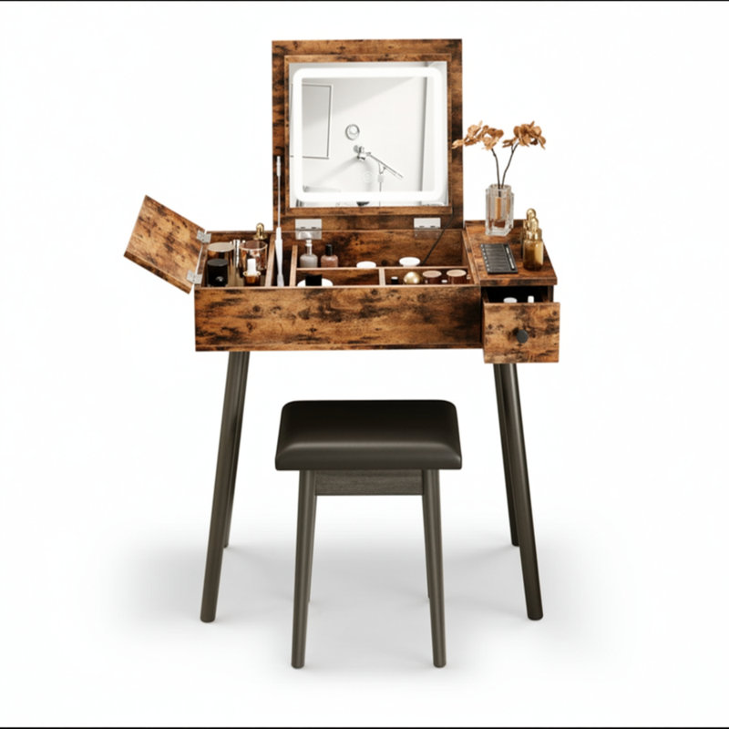 Faxan Vanity with LED Mirror, Container, Drawer and flip-top, Makeup Desk with Large Storage Space for Bedroom, Living Room