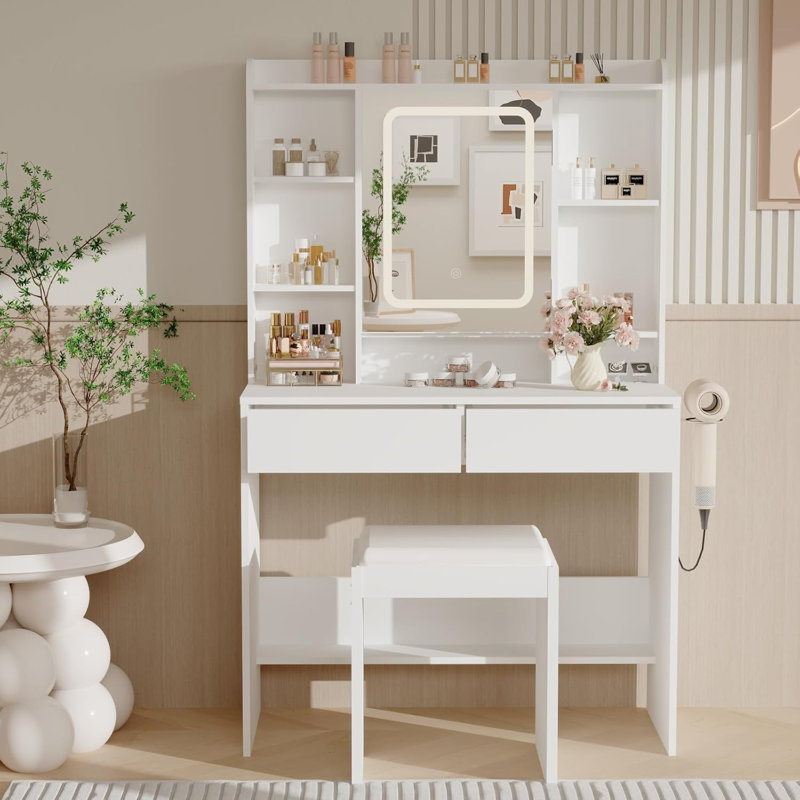 Bureau anity avec miroir et lumières DEL, tabouret rembourré, charge USB, support pour sèche-cheveux, tiroirs de rangement, table de maquillage moderne