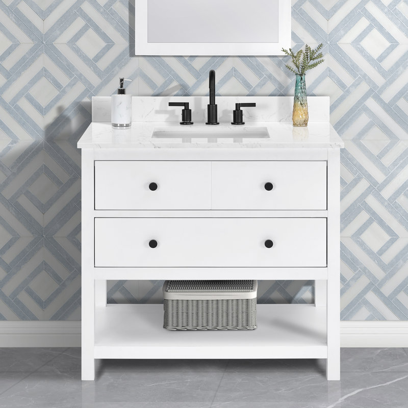 Encino 36" Single Vanity with Carrara White Quartz Top, Sink & Backsplash, Pre Assembled, 37"