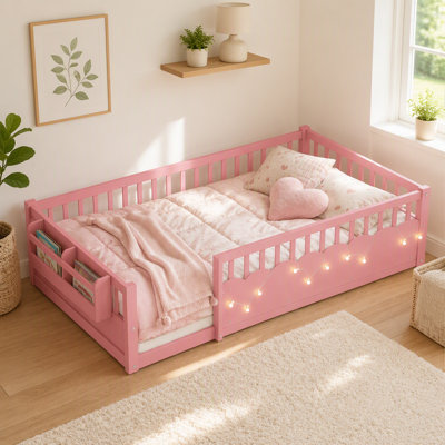 Lit simple pour enfants Montessori, structure de lit basse en bois avec garde-corps de sécurité, guirlande lumineuse et bibliothèque intégrées, aucun sommier requis, facile à assembler, aucun sommier requis