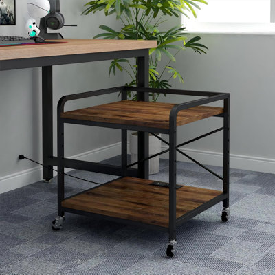 Under Desk Printer Stand With Power Outlets And USB Ports, Adjustable Shelf, Heavy-Duty Steel Frame, Industrial Wheels, 2-Tier Rolling Cart For Home Office