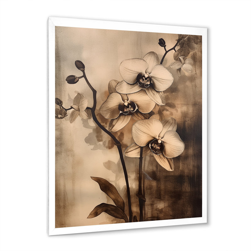 Orchidées exotiques brunes sur toile, H 40 po x l 30 po x P 1,5 po, Cadre simple blanc