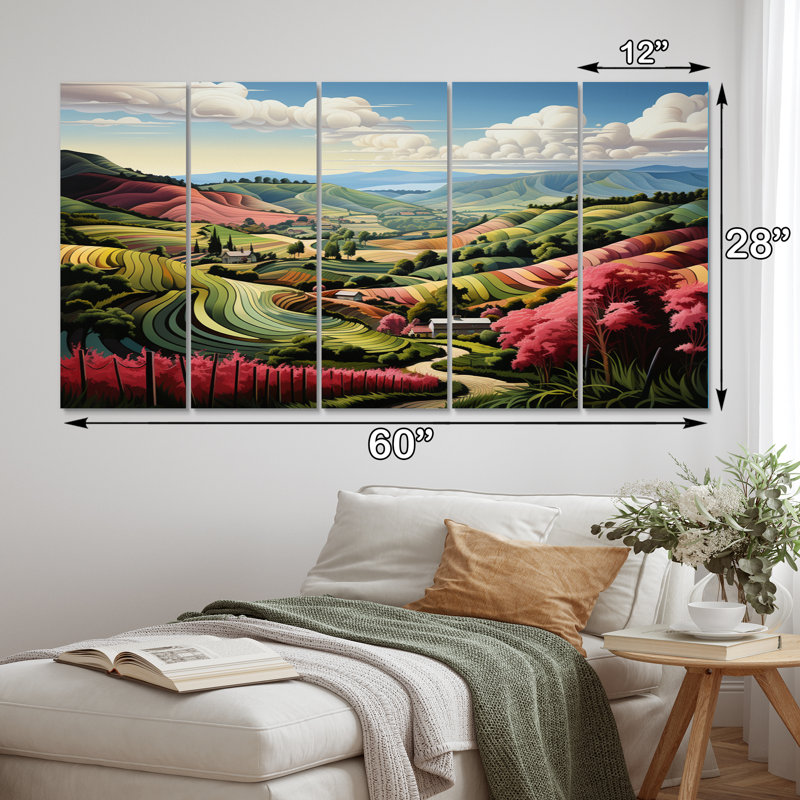 «Pink Vineyard Rows Of Ruby», reproduction sur toile de campagne - 5 panneaux égaux