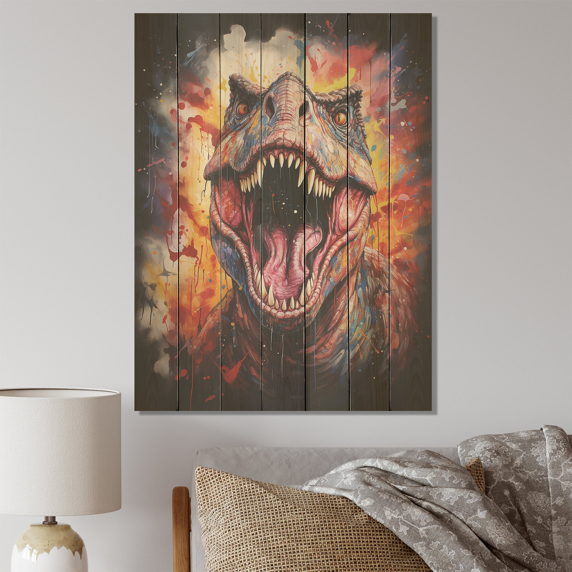 Trinx Colorful Roaring Trex Dinosaur III - Dinosaur On Wood Print | Wayfair