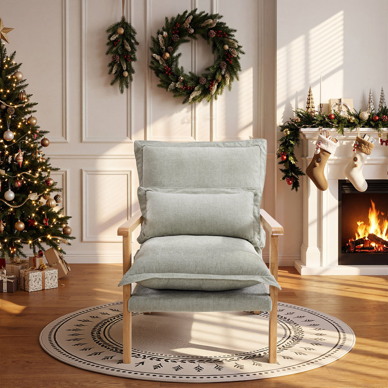 Chenille Accent Chair Armchair With Pillow, Natural Wood, Light Green