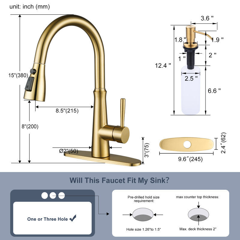 Pull Down Kitchen Faucet with Soap Dispenser, Gold