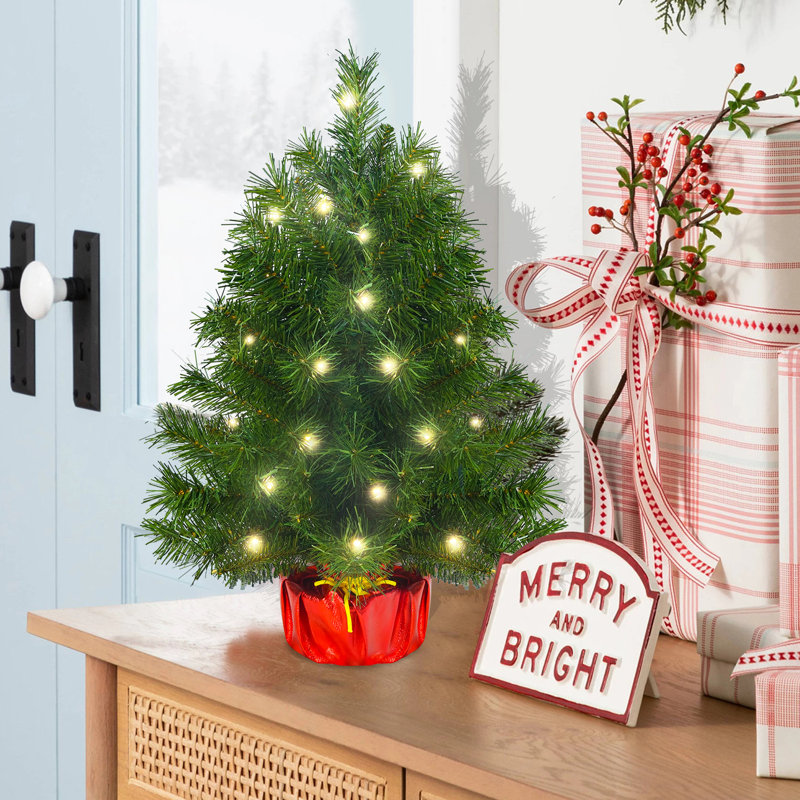Mini arbre de Noël de table pré-éclairé avec base en toile de jute pré-éclairée