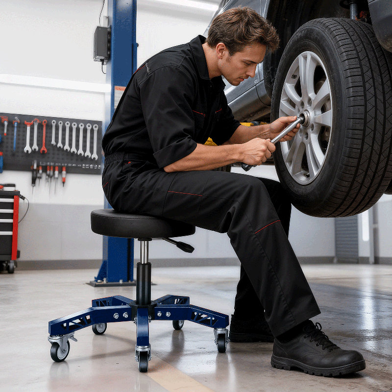 Adjustable Height Rolling Shop Stool 300Lb Capacity Pneumatic Mechanic Seat With 5 Swivel Casters & 2 Brakes, Blue