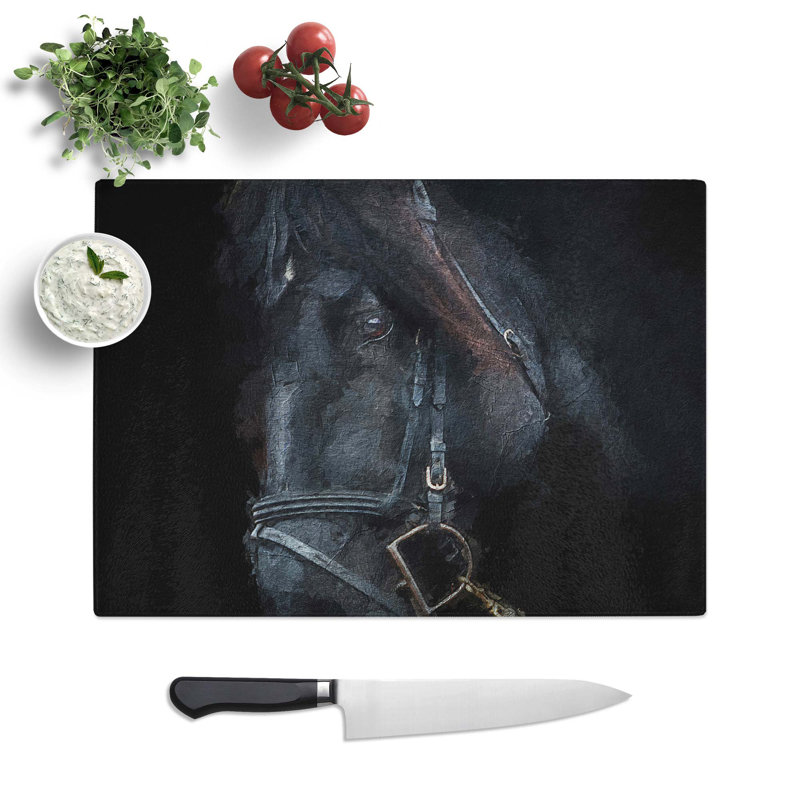 Glass Enchanting Black Stallion Horse Chopping Board, 28.5 cm W x 20 cm L