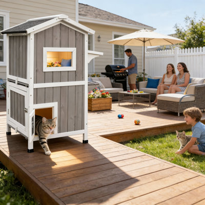 Cat House for Outdoor Cats, Weatherproof 2-Storey Wooden Cat Shelter with 2 Rooms, Feeding Station, Escape Door, Pull-Out Floor and Openable Asphalt Roof, Grey