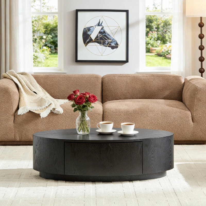 Table basse ovale noire matte, panneau central en MDF de 47,24 po avec tiroir pour salon, Noir