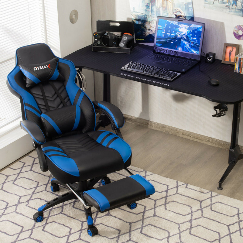 Gymax Adjustable Reclining Ergonomic Faux Leather Swiveling PC & Racing Game Chair with Footrest, Blue