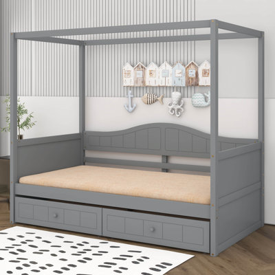 Twin Size Modern Wooden Canopy Day Bed With Twin Size Trundle, Platform Bed Frame With Built-In Backrest For Kids Teens Adults