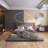 King Size Grey Upholstered Platform Bed With Extended Wood Headboard And Built-In Bedside Shelf