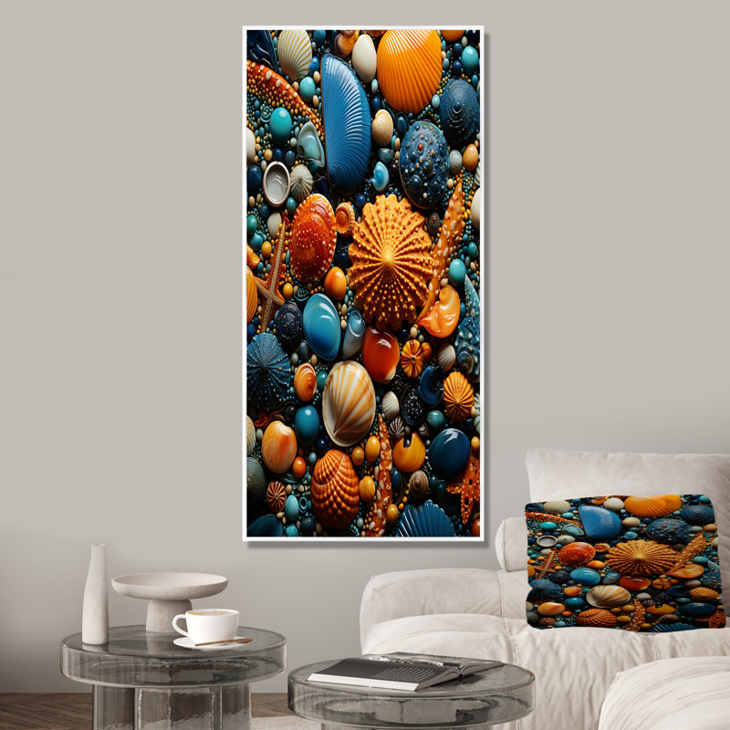 Jaune et bleu coquillage symphonie II - art mural côtier tropical, Cadre flottant blanc, 32" H x 24" W
