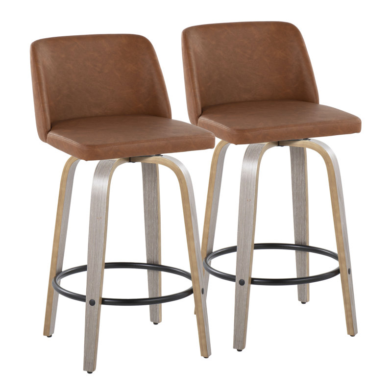 Tabourets de bar et de comptoir à hauteur fixe Thea Toriano avec pieds en bois cintré et repose-pieds rond, Noyer / Chrome