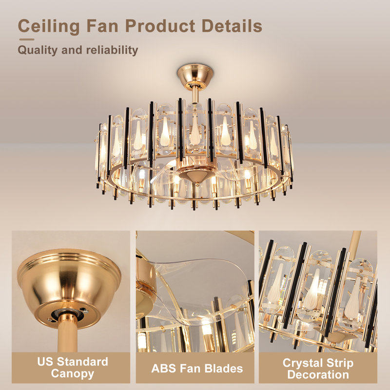 Crystal Ceiling Fan with Remote Caged Reversible G9 Based - Gold, 19.6" Wide