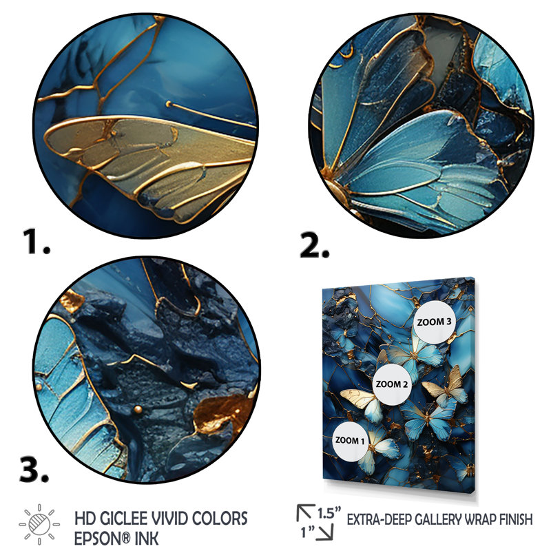 «Blue Crystal Butterflies», reproduction d'art murale abstraite, H 32 po x l 16 po x P 1 po, Cadre flottant doré