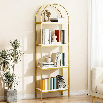 Arched Four Tier Bookshelf Metal Frame Design Tall Standing Open Storage Shelf Modern Display Rack For Bedroom Living Room And Home Office Use