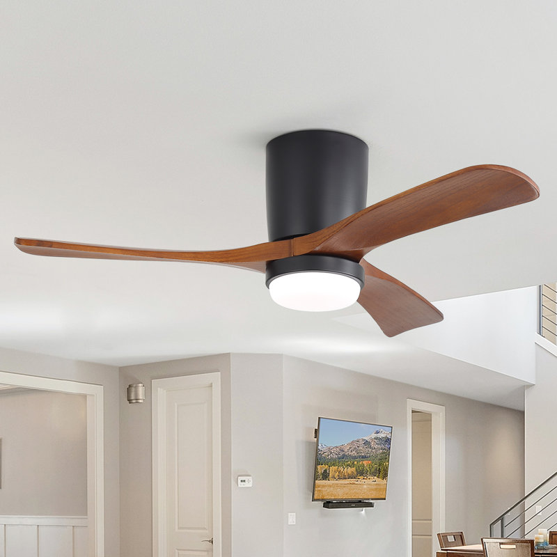 Nicola 42" Minimalist 3-Solid Wood Blade Flush Mount Ceiling Fan With Light  Remote Control And Timing Function, Black