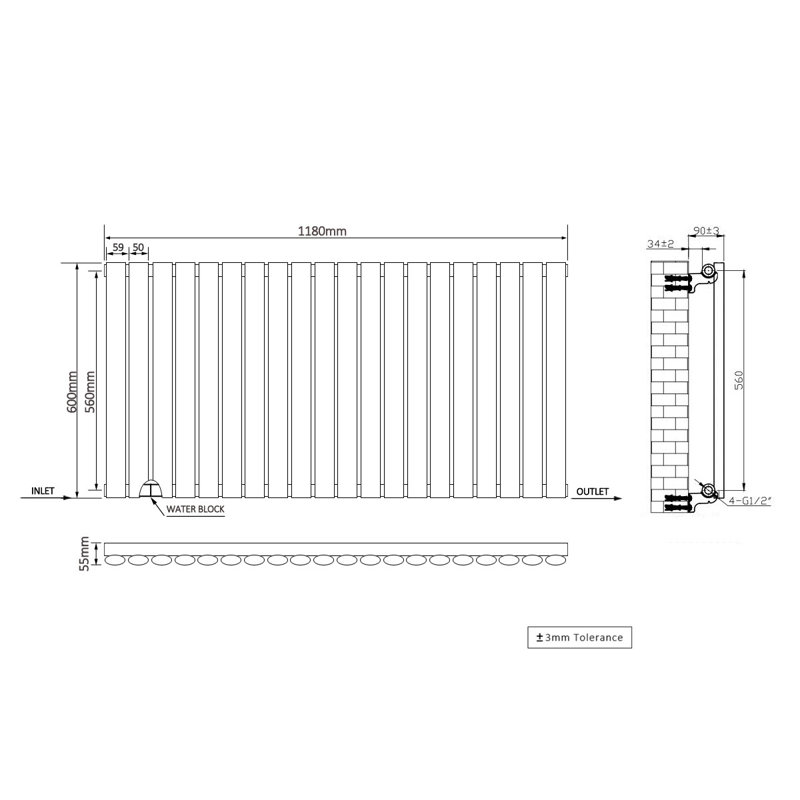 Shirly Horizontal Oval Panel Radiators, Normal Black, 60cm H x 118cm W, 1