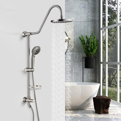 Douche avec pomme de douche à effet pluie et douche à main 5 po, robinet en nickel brossé à 5 réglages de rouille, fixation murale, acier inoxydable