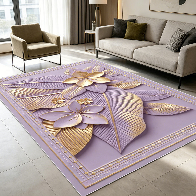 1PC 3D Embossed Lavender Gold Tropical Floral Leaf area rugs for Living Room, Soft, All seasons, Easy-maintain, Washable Indoor mat, Farmhouse suitable for for living room, bedroom, dining area...