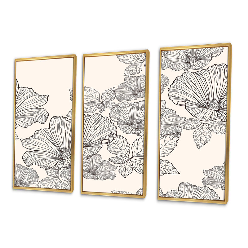 Fleurs et feuilles monochromes - ensemble d'art mural sur toile traditionnel encadré de 3, H 28 po x l 36 po x P 1 po, Or
