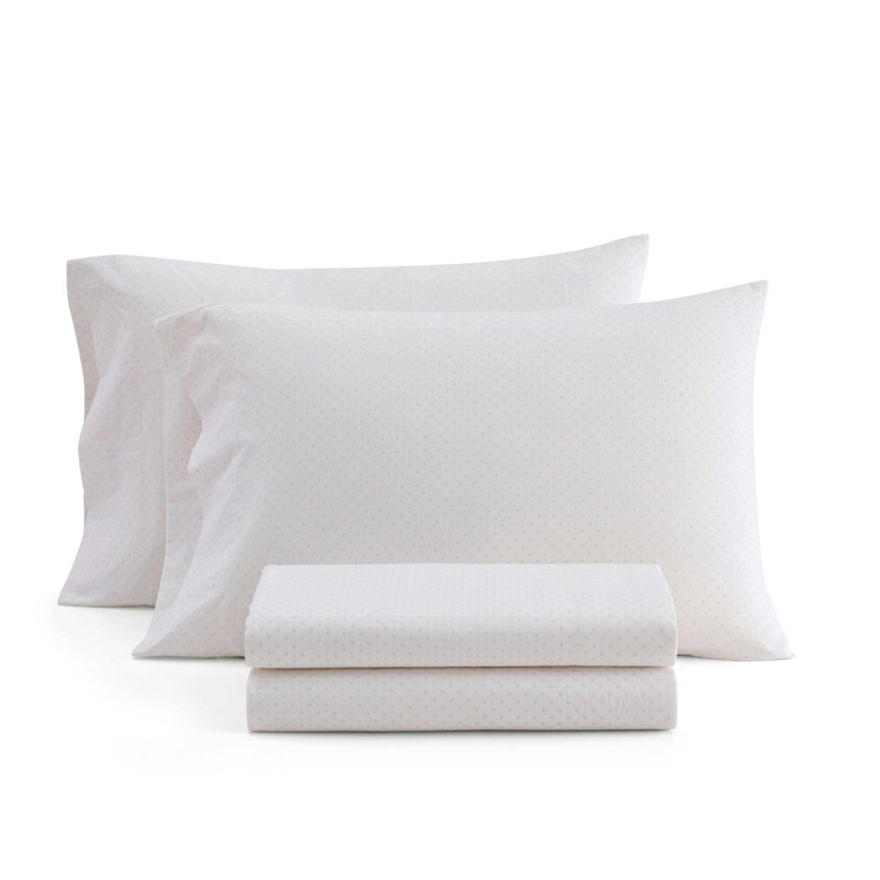 Martha Stewart Cotton Percale  Sheet Set, Twin Sheet Set with 1 Pillowcase, Pink Polka Dot