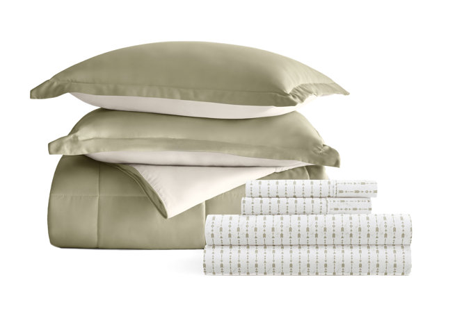 7-Piece Reversible Bedding Bundle - Solid Comforter and Patterned Sheet Set