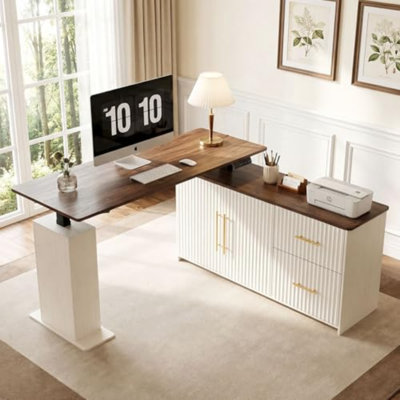 Bureau debout en L de 55 po, bureau assis-debout à hauteur réglable électrique avec tiroirs et armoire de rangement, bureau d'angle cannelé moderne pour bureau à domicile, brun rustique