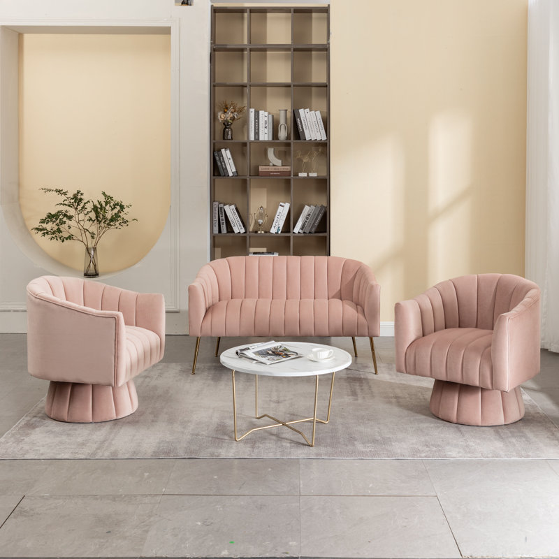 Ensemble de salon 3 pièces Tuyen, Velours rose