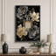 Bouteille de parfum noir doré avec des fleurs élégantes, images de chambre à coucher, impression sur toile encadrée-132064160-132064153