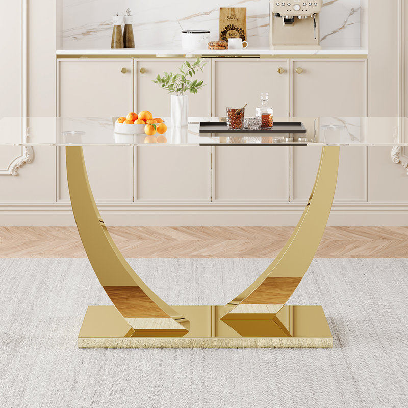 Table de salle à manger, plateau en verre avec base en métal de luxe en forme de U doré