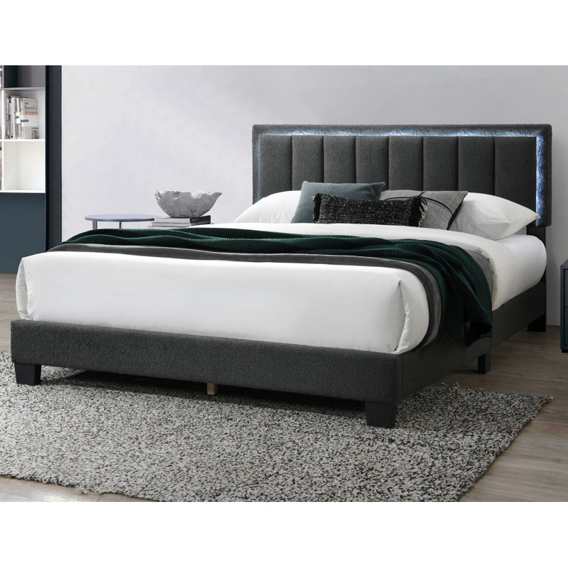 Lit 1pc grand lit en tissu de laine capitonné avec cadre de lit double à DEL, Gris anthracite, Grand lit