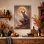 Toile murale d'Halloween représentant un renard assis sur un rebord rocheux rouge sous la pleine lune-938360748