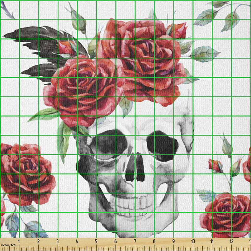 Deshawndre Skull with Red Roses and Buds Gothic Halloween Multi-Purpose Fabric