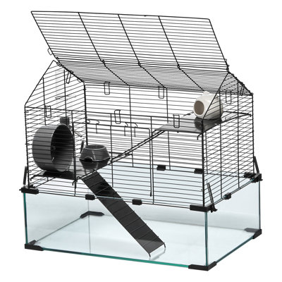 Cage de 58 cm pour petits animaux (hamsters) - Cage sécurisée en métal, offrant un grand espace pour se déplacer et se reposer, bien ventilée grâce à des trous d'aération sur le dessus, grande transparence pour l'observation, montage rapide, verre trempé noir.