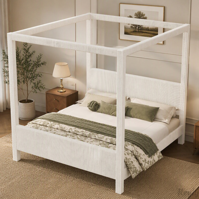 Lit plateforme capitonné avec revêtement en velours côtelé, Queen, Beige