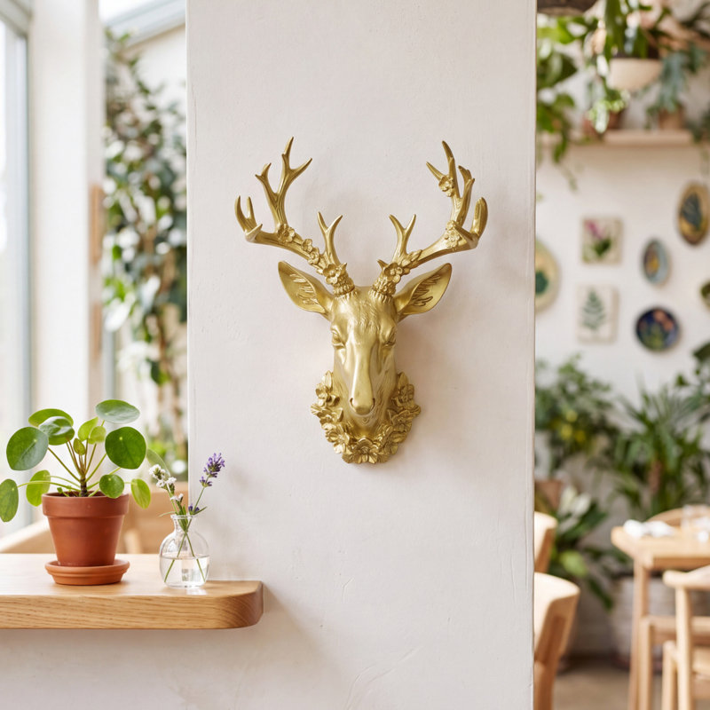 Tête de cerf en résine dorée 3D à fixer au mur, ornée de bois fleuri, style vintage. Décoration murale en résine imitation taxidermie.