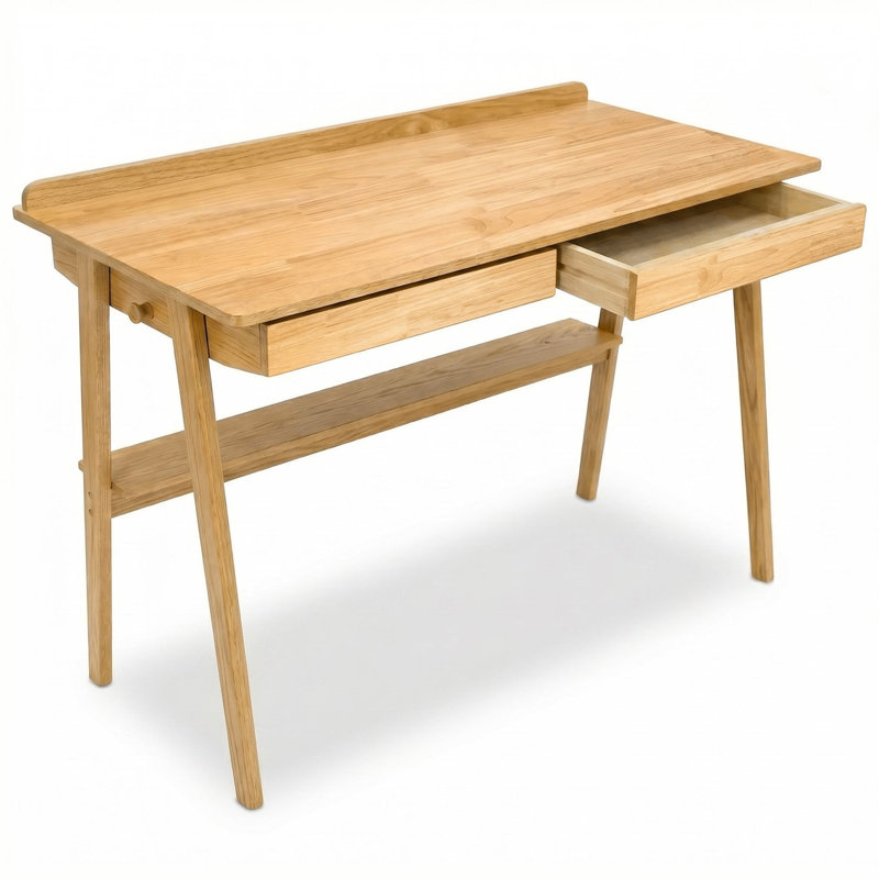 Bureau en bois massif pour petits espaces - Bureau d'écriture Mid-Century moderne avec deux tiroirs et tablette ouverte