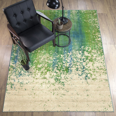 My Magic Carpet Abstract Washable Rug Bundle - 2 Piece Set - Hazel Chevron Teal Green (3' x 5' & 5' x 7')