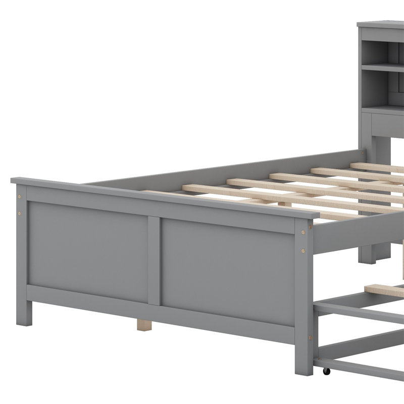  Lit plateforme avec tête de rangement Willavene, USB, lit gigogne simple et 3 tiroirs, gris, Double