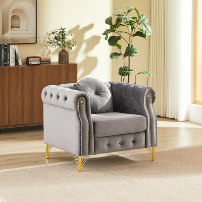 Velvet Chesterfield Sofa With Round Pillows