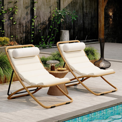 2-Pieces Outdoor Folding Chair, Rattan-Wrapped Patio Chair With Adjustable Backrest, Thick Cushion, And Detachable Headrest ,For The Poolside, Beach,