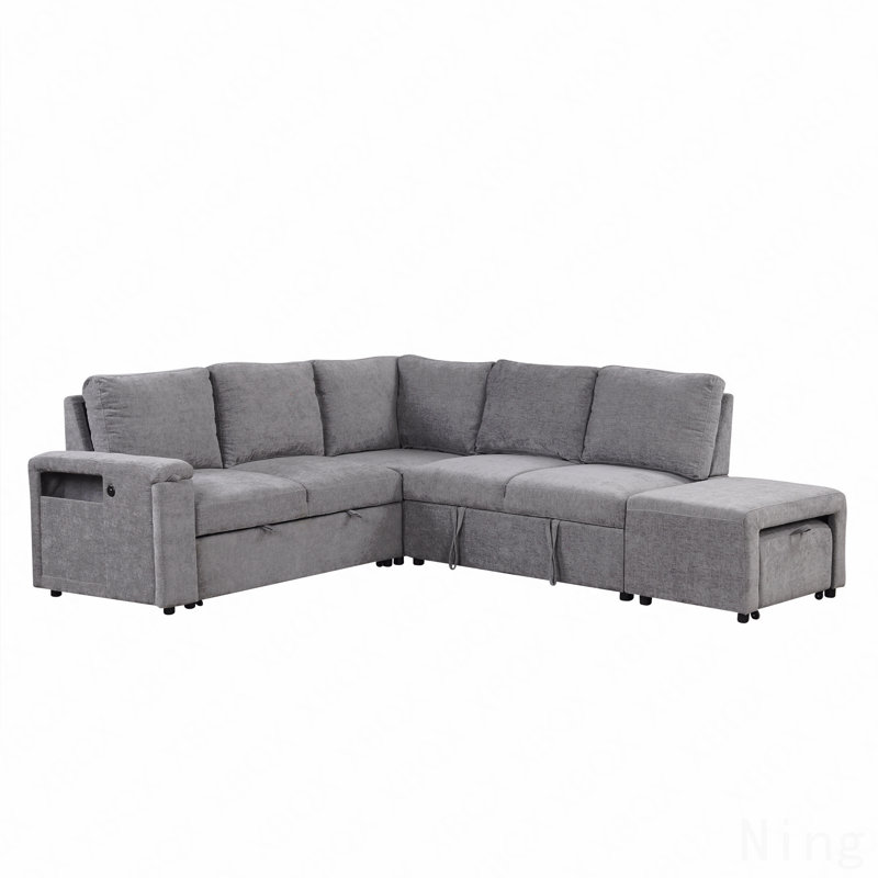L-Shaped Padded Modular Sofa With Storage Space, Usb Ports, And Cup Holders On The Armrests, Gray Polyester